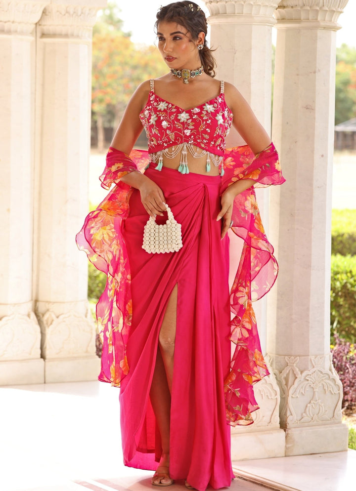 Pink Satin Drape Slit Skirt With Embroidered Blouse Manisha Soni - Fabilicious Fashion