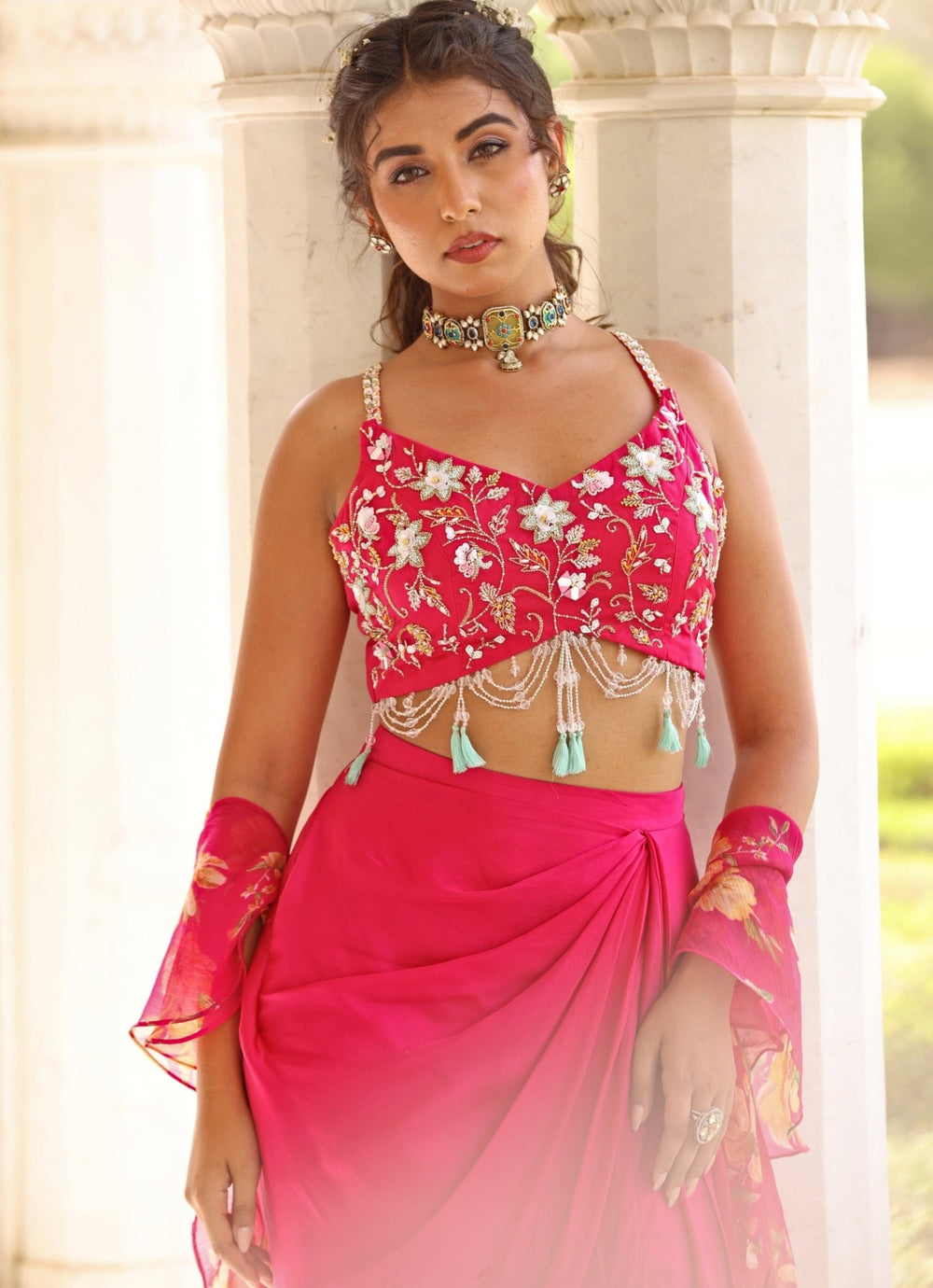 Pink Satin Drape Slit Skirt With Embroidered Blouse Manisha Soni - Fabilicious Fashion