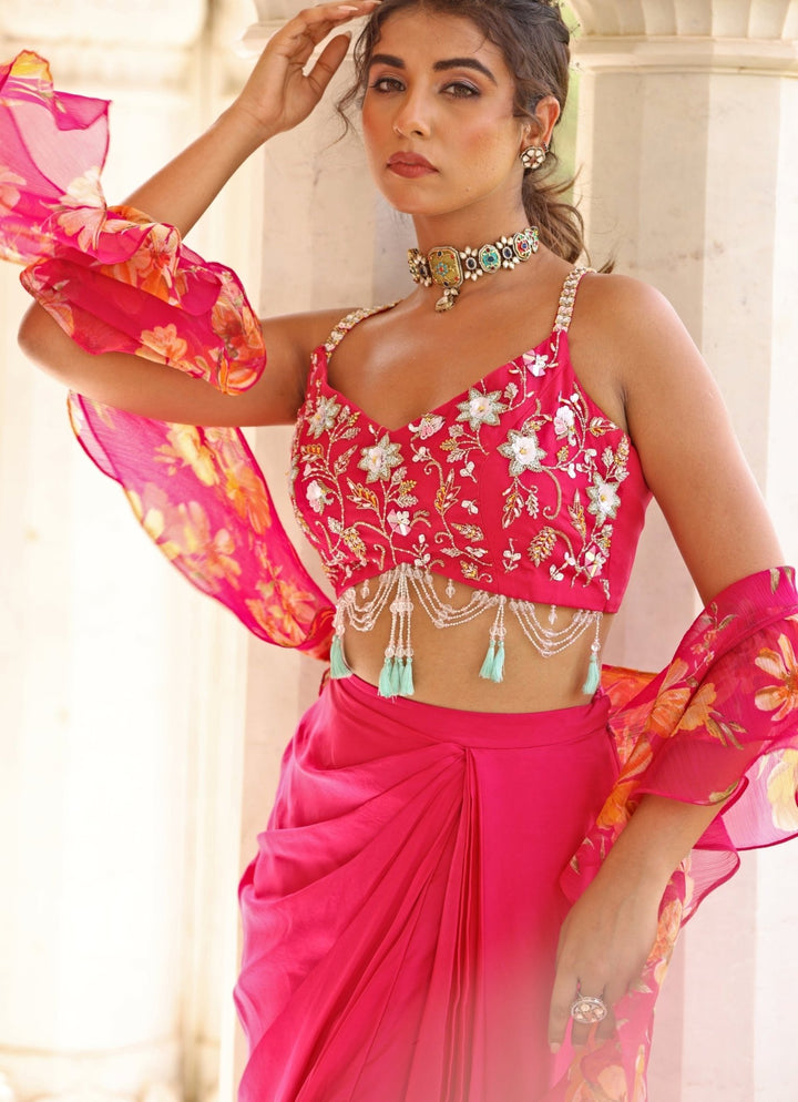 Pink Satin Drape Slit Skirt With Embroidered Blouse Manisha Soni - Fabilicious Fashion