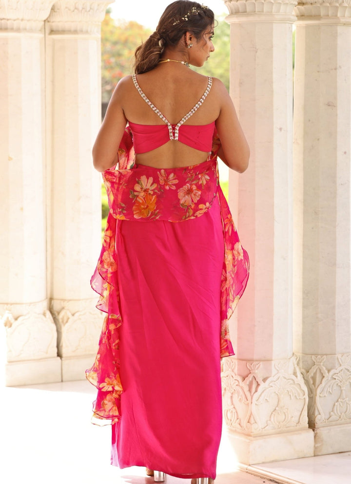 Pink Satin Drape Slit Skirt With Embroidered Blouse Manisha Soni - Fabilicious Fashion