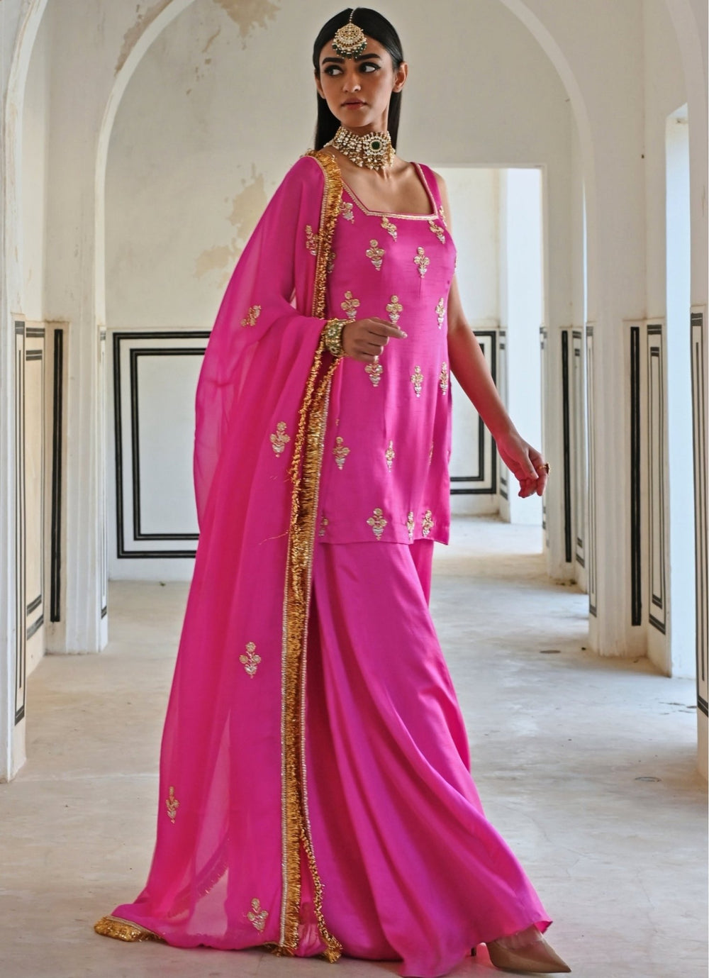 Pink Satin Embroidered Kurta Palazzo Set Ease - Fabilicious Fashion