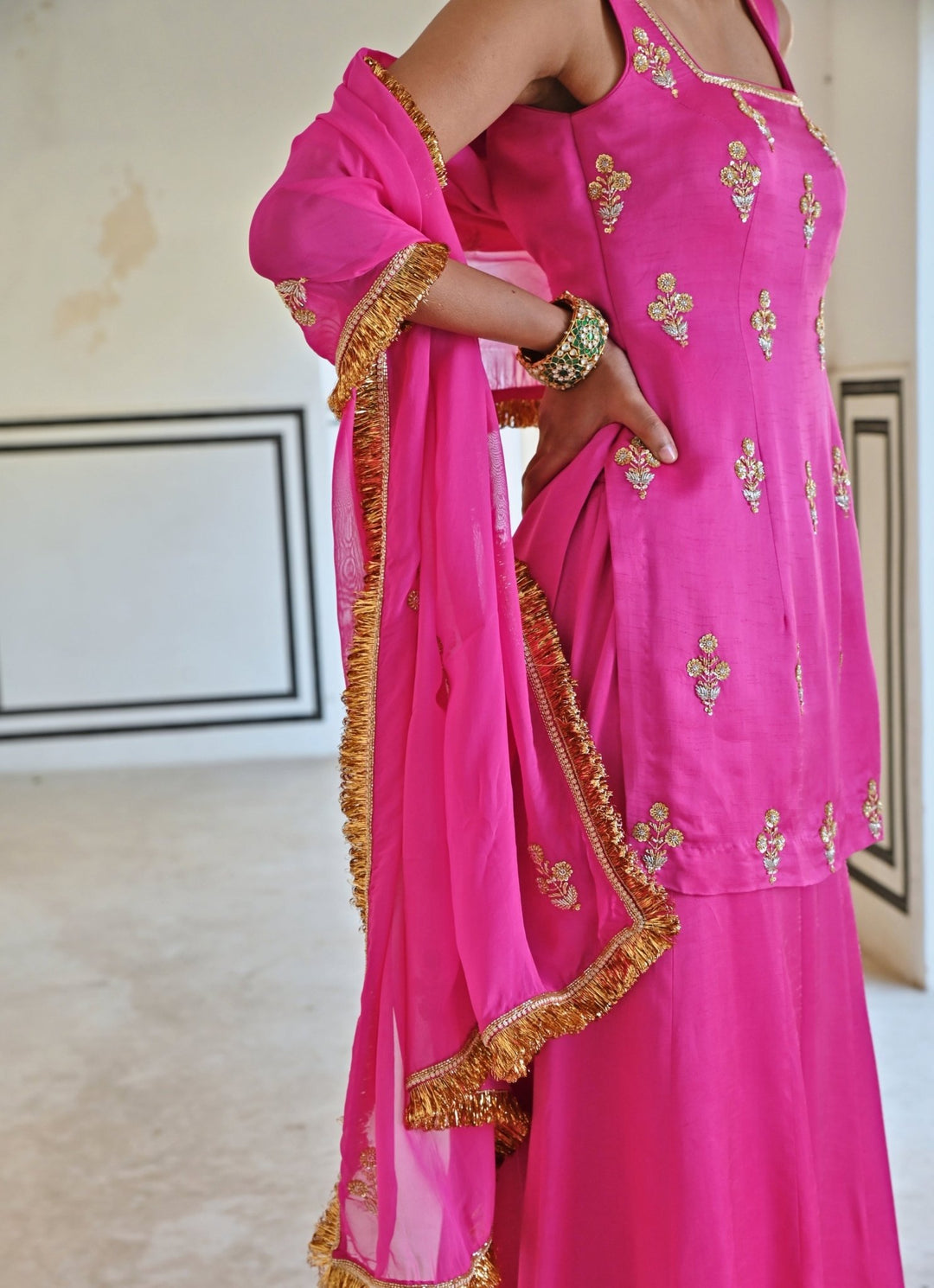 Pink Satin Embroidered Kurta Palazzo Set Ease - Fabilicious Fashion