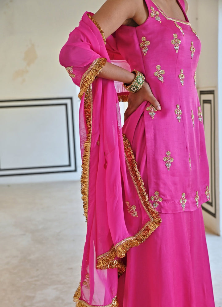 Pink Satin Embroidered Kurta Palazzo Set Ease - Fabilicious Fashion