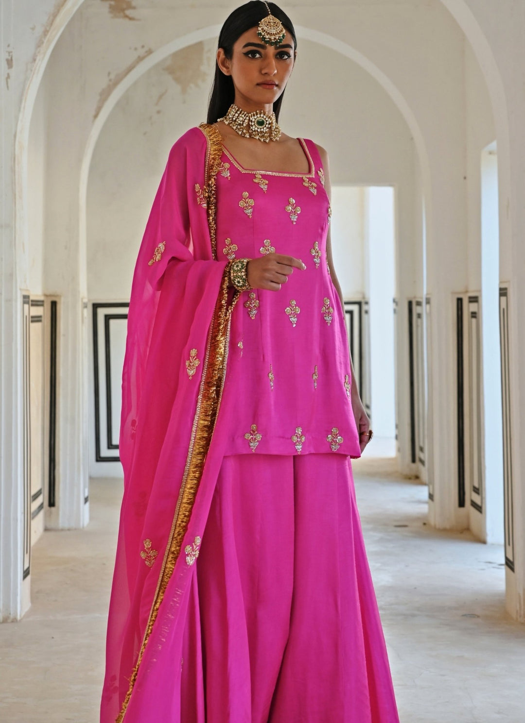 Pink Satin Embroidered Kurta Palazzo Set Ease - Fabilicious Fashion