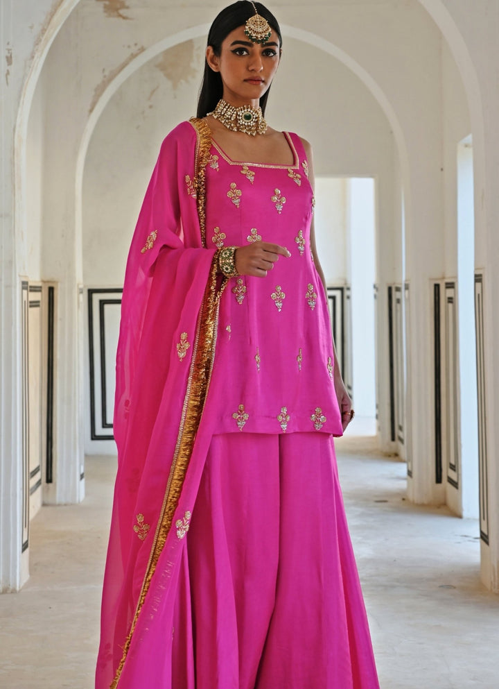 Pink Satin Embroidered Kurta Palazzo Set Ease - Fabilicious Fashion