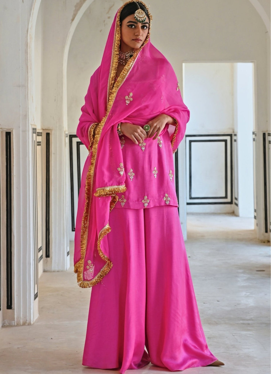 Pink Satin Embroidered Kurta Palazzo Set Ease - Fabilicious Fashion