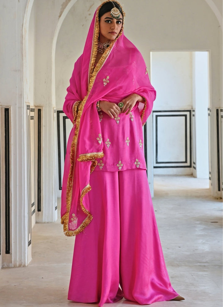 Pink Satin Embroidered Kurta Palazzo Set Ease - Fabilicious Fashion