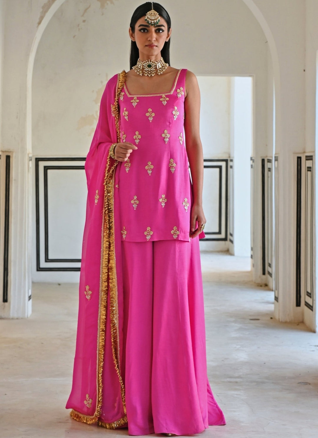 Pink Satin Embroidered Kurta Palazzo Set Ease - Fabilicious Fashion