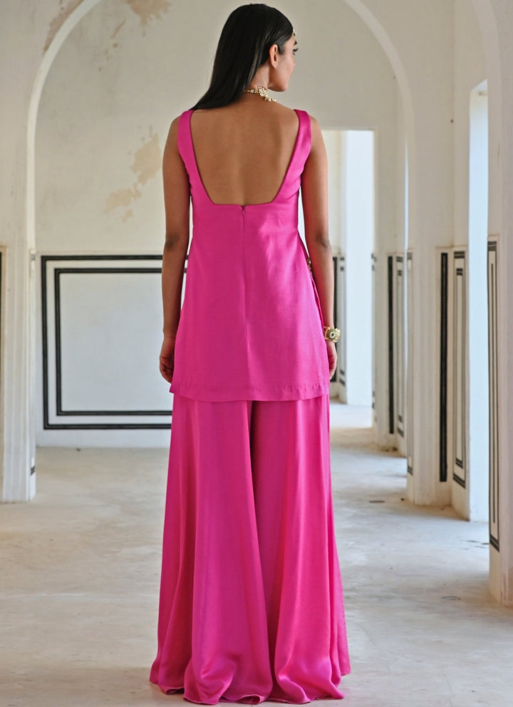 Pink Satin Embroidered Kurta Palazzo Set Ease - Fabilicious Fashion