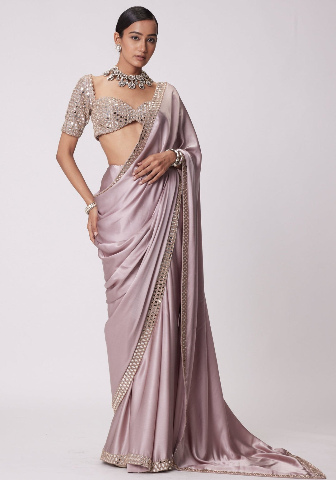 Pink Satin Saree With Embroidered Mirror Blouse Vvani by Vani Vats - Fabilicious Fashion