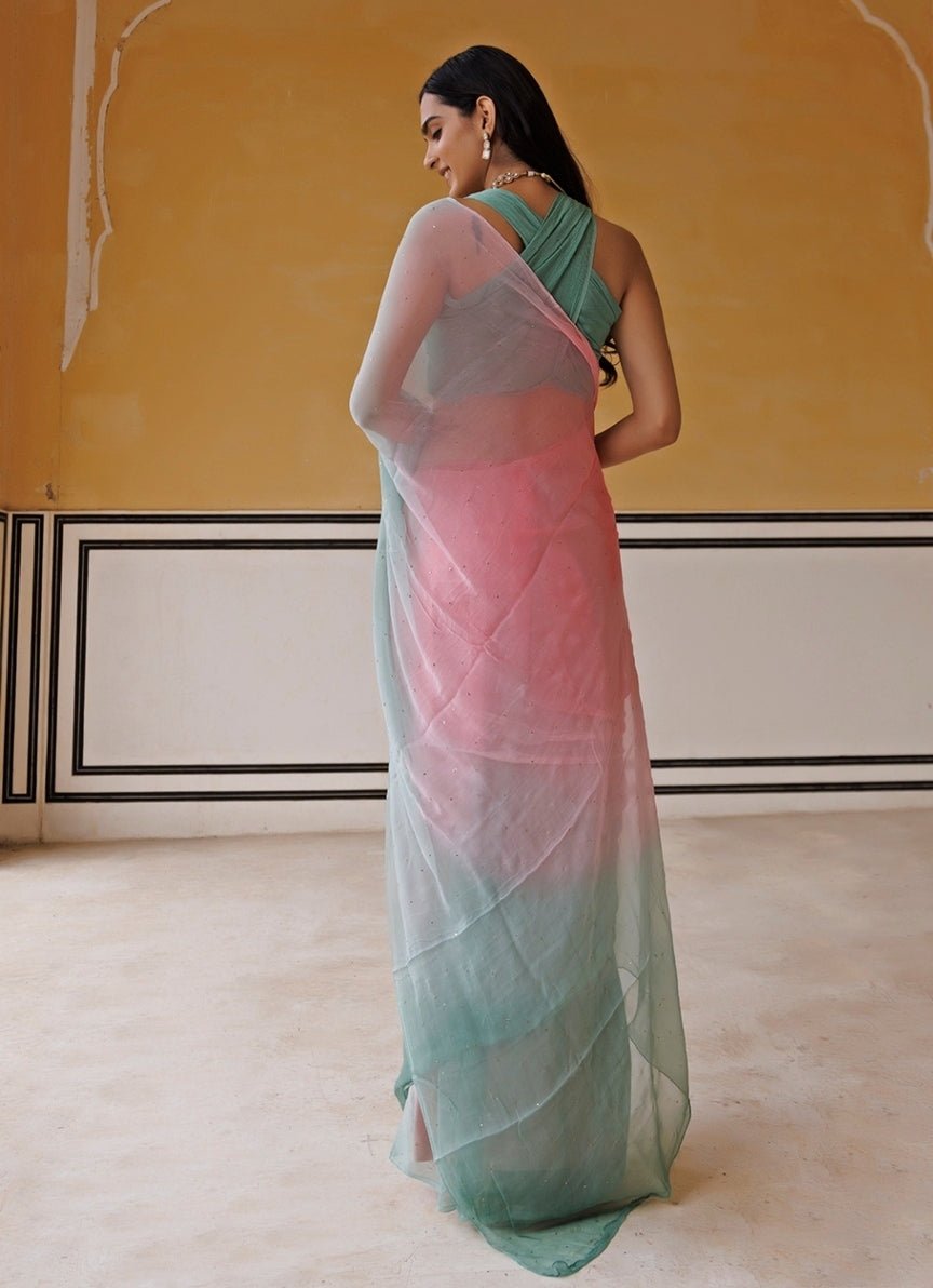 Geroo Jaipur Pink &amp; Sea Green Shaded Chiffon Pre - Draped SareeFabilicious Fashion