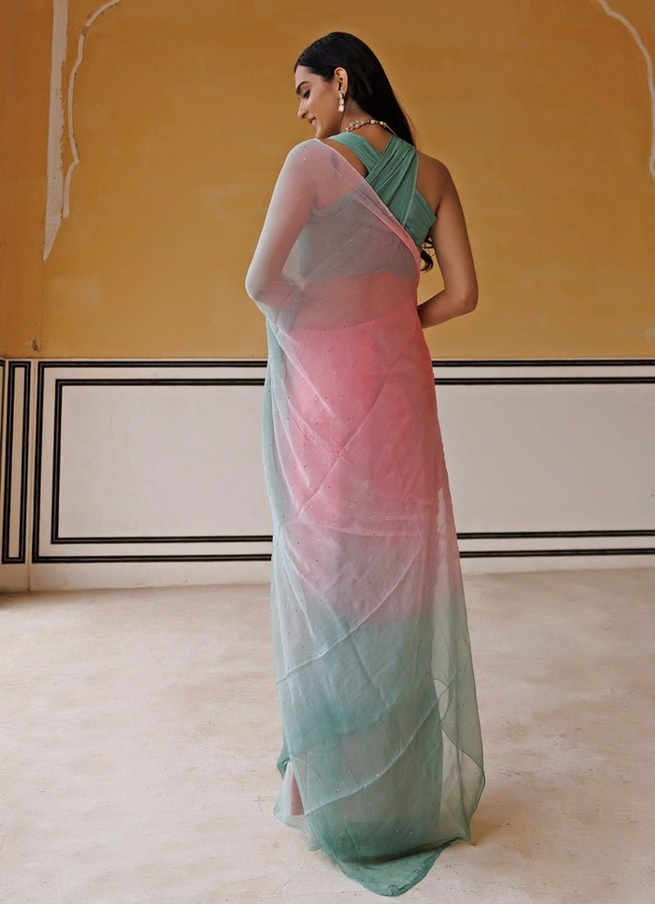 Geroo Jaipur Pink &amp; Sea Green Shaded Chiffon Pre - Draped SareeFabilicious Fashion