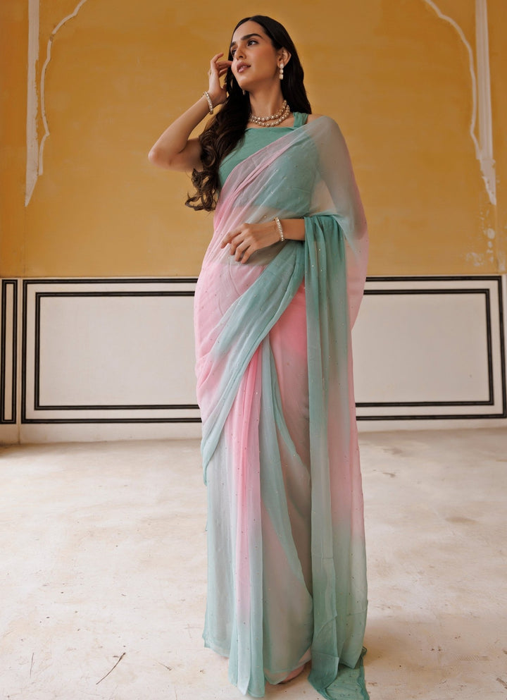 Geroo Jaipur Pink &amp; Sea Green Shaded Chiffon Pre - Draped SareeFabilicious Fashion