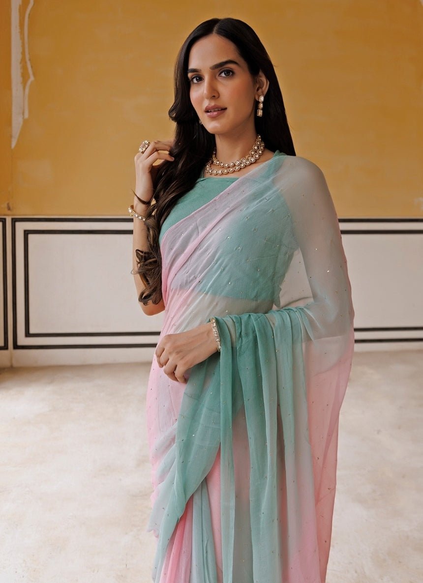 Geroo Jaipur Pink & Sea Green Shaded Chiffon Pre - Draped SareeFabilicious Fashion