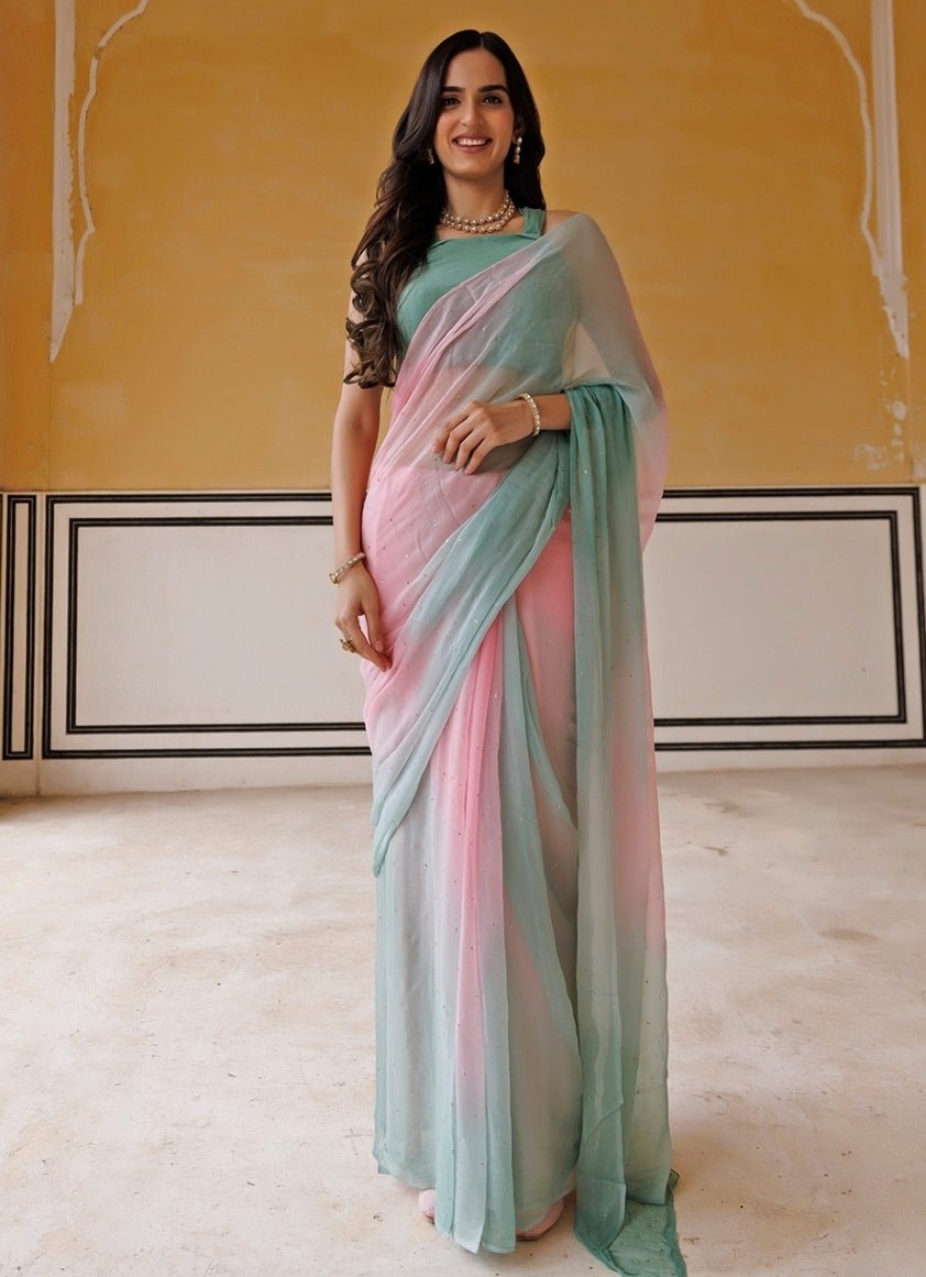Geroo Jaipur Pink & Sea Green Shaded Chiffon Pre - Draped SareeFabilicious Fashion