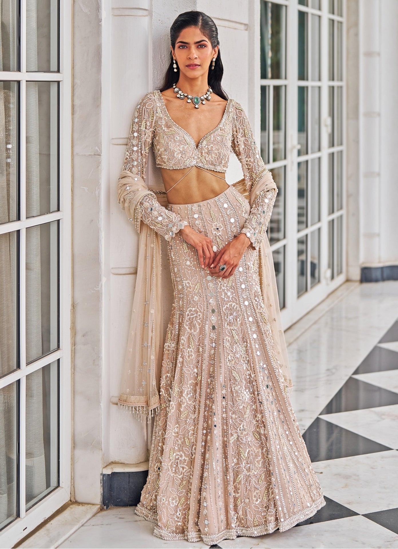 Pink sequinned mermaid lehenga for wedding reception by Nidhika Shekhar
