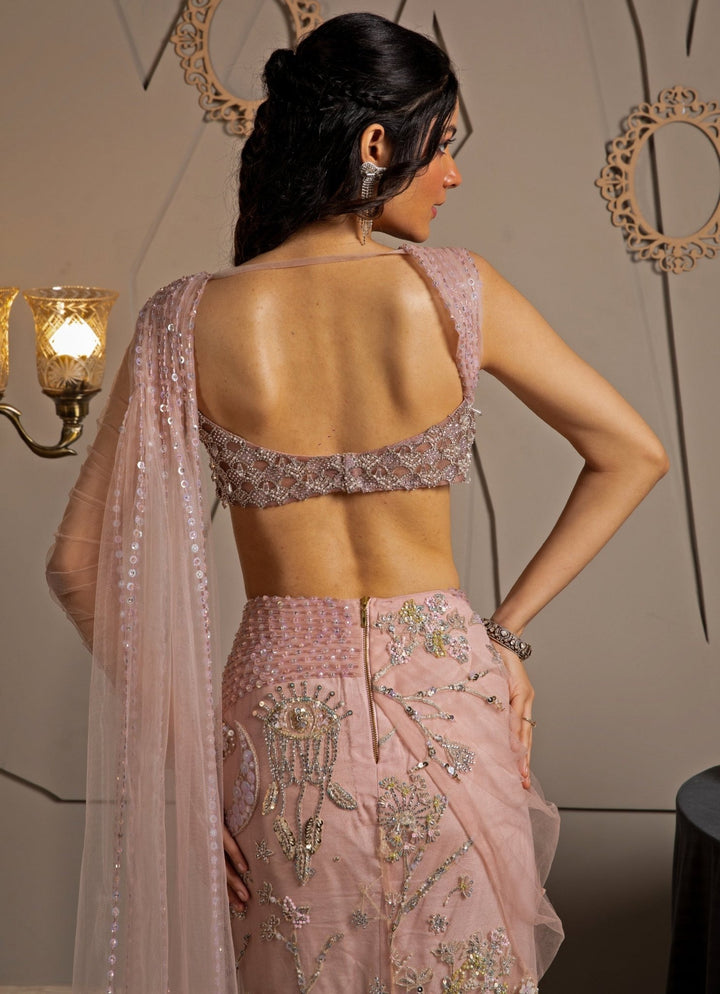 Pink Shimmer Net Embroidered Predraped Saree Set Moledro - Fabilicious Fashion