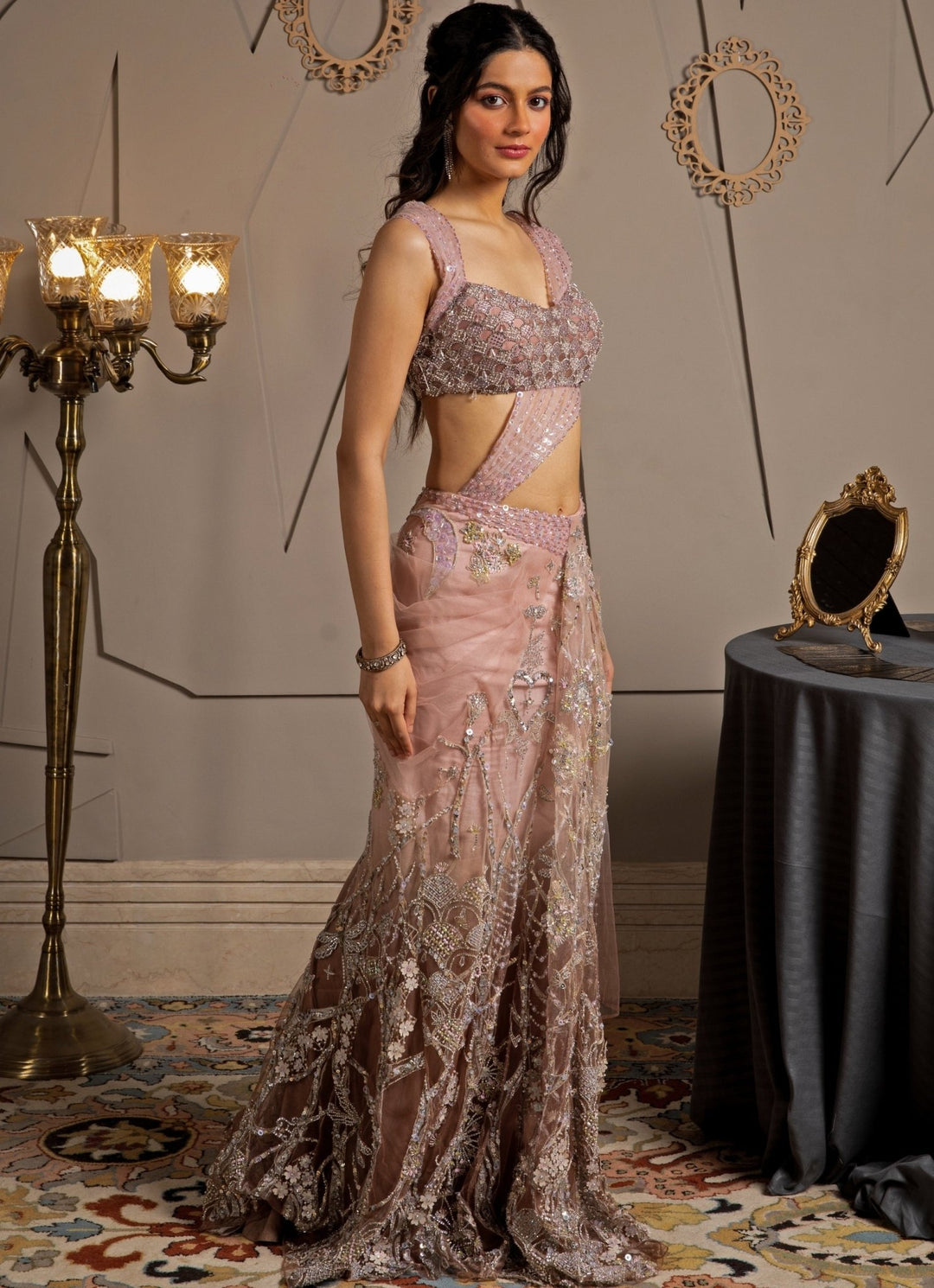 Pink Shimmer Net Embroidered Predraped Saree Set Moledro - Fabilicious Fashion