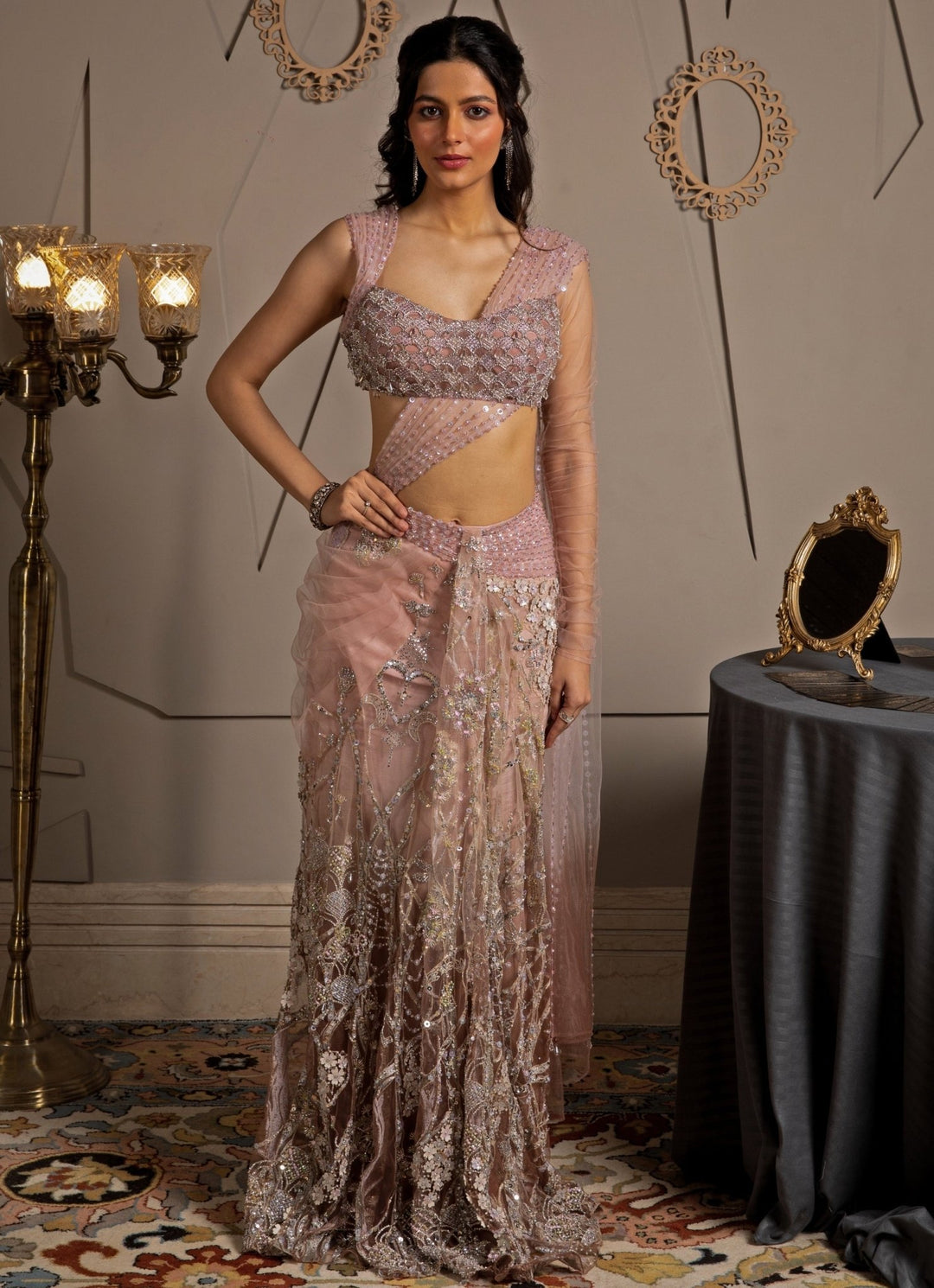 Pink Shimmer Net Embroidered Predraped Saree Set Moledro - Fabilicious Fashion