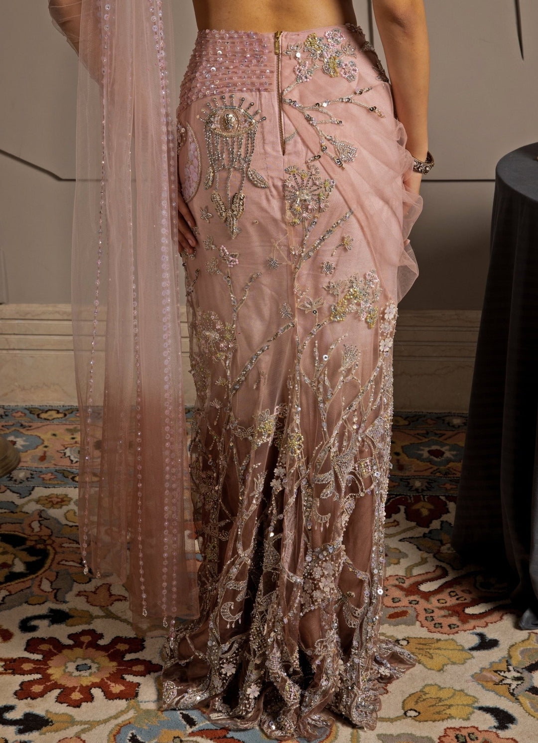 Pink Shimmer Net Embroidered Predraped Saree Set Moledro - Fabilicious Fashion