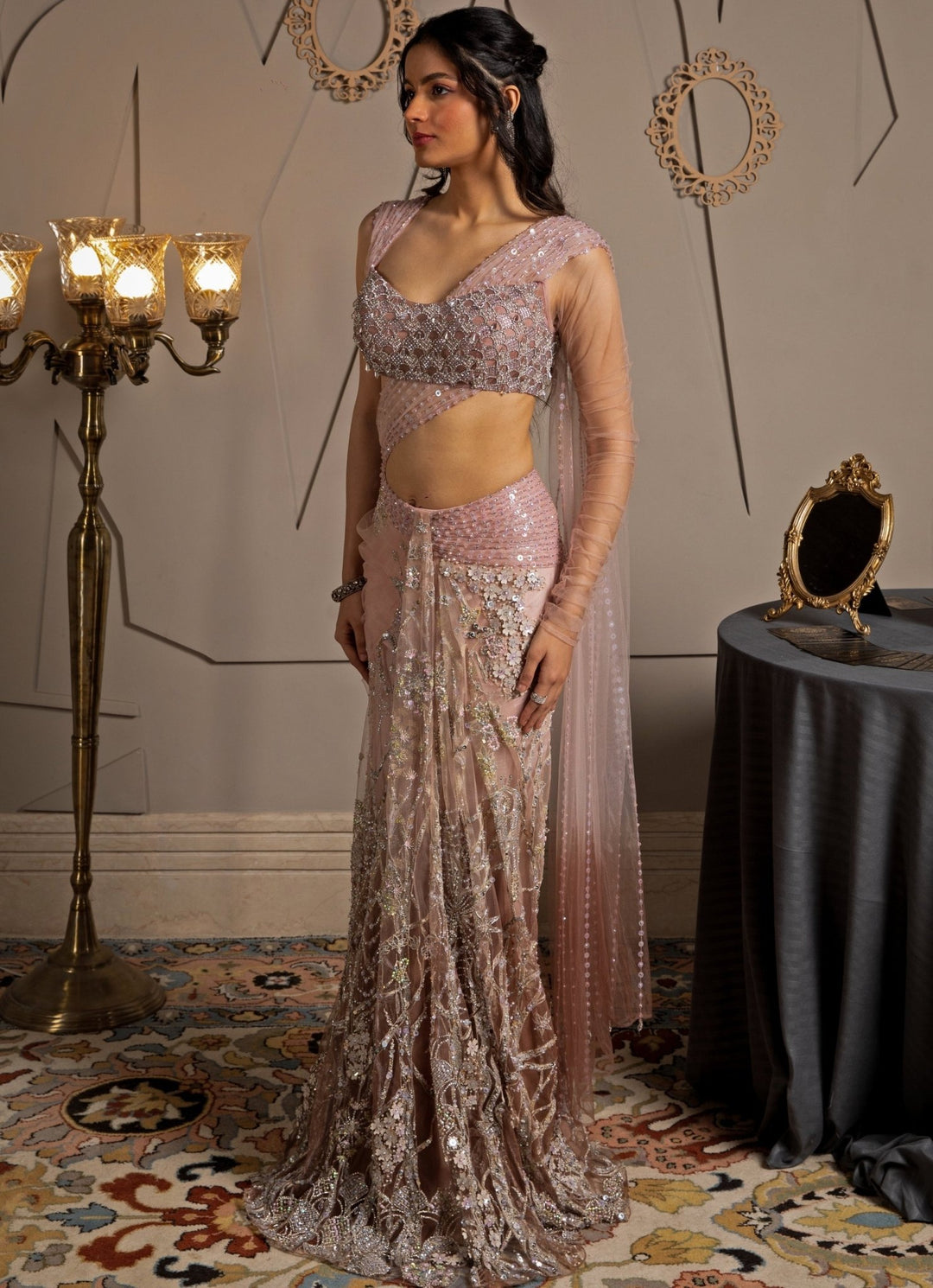 Pink Shimmer Net Embroidered Predraped Saree Set Moledro - Fabilicious Fashion