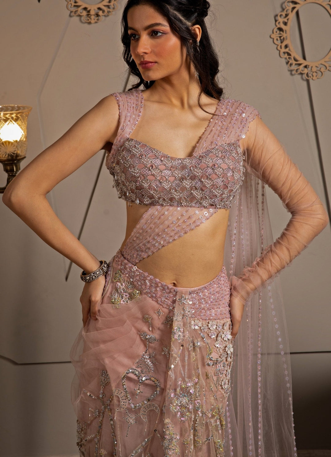 Pink Shimmer Net Embroidered Predraped Saree Set Moledro - Fabilicious Fashion
