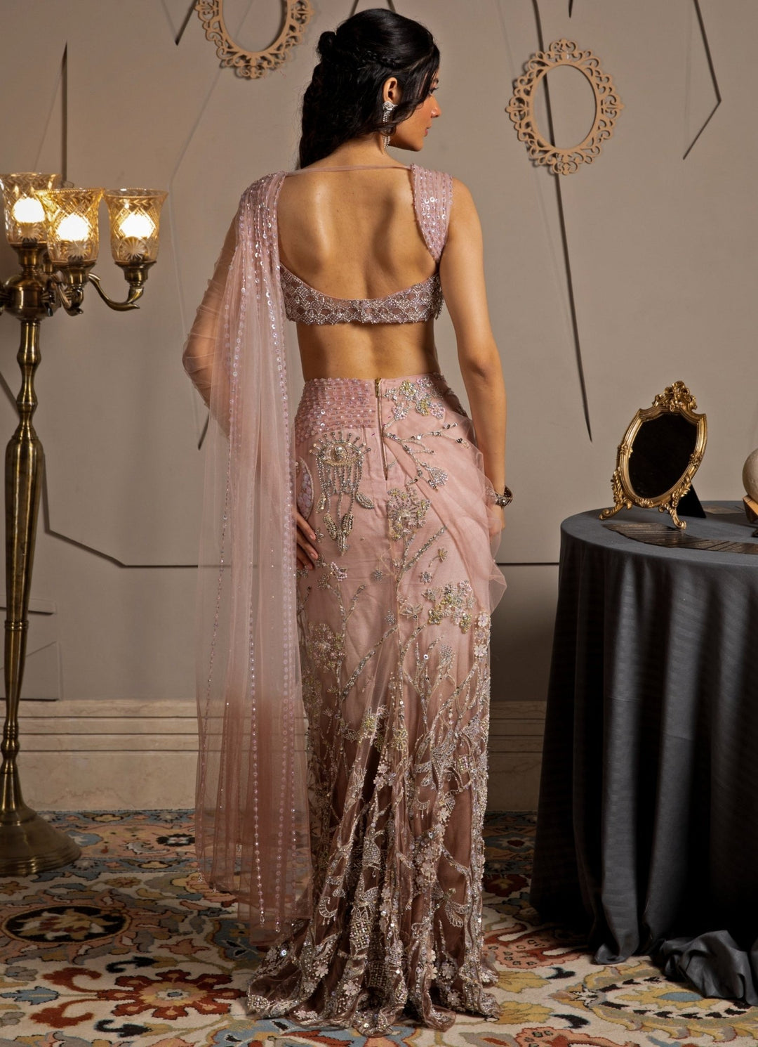 Pink Shimmer Net Embroidered Predraped Saree Set Moledro - Fabilicious Fashion