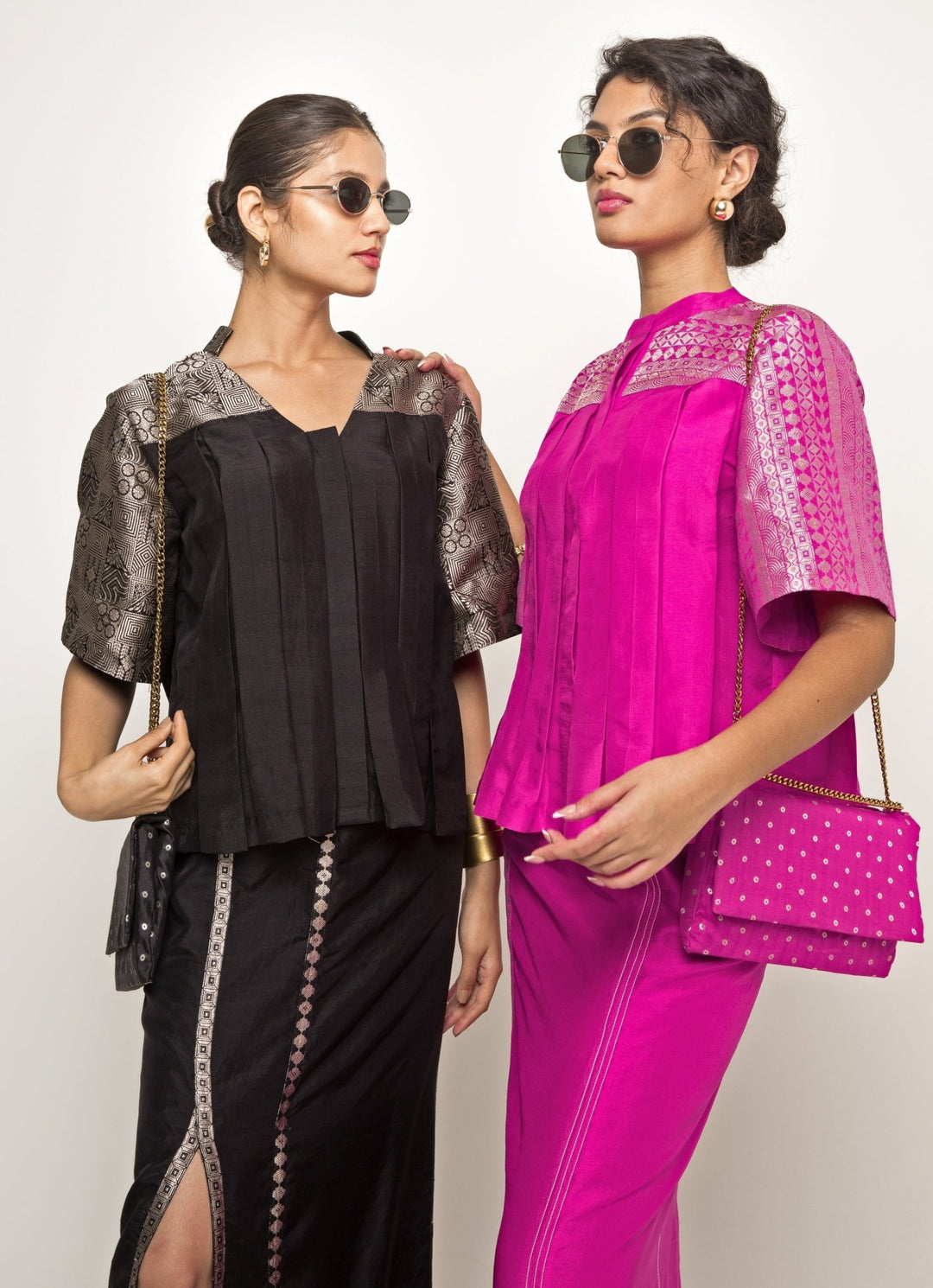 Pink Silk Box Pleat Top With Slit Skirt Sobariko - Fabilicious Fashion