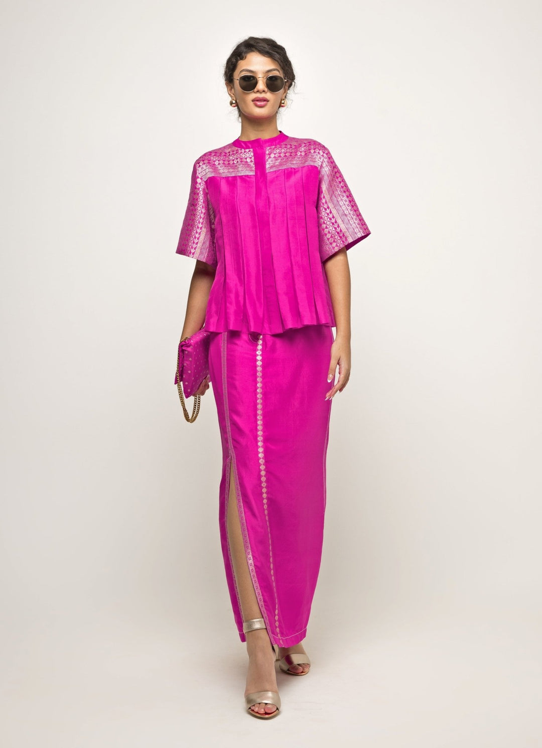 Pink Silk Box Pleat Top With Slit Skirt Sobariko - Fabilicious Fashion