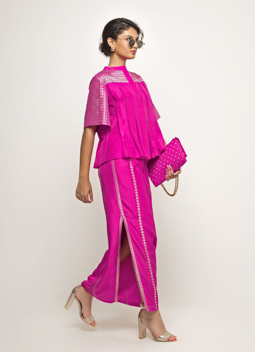 Pink Silk Box Pleat Top With Slit Skirt Sobariko - Fabilicious Fashion