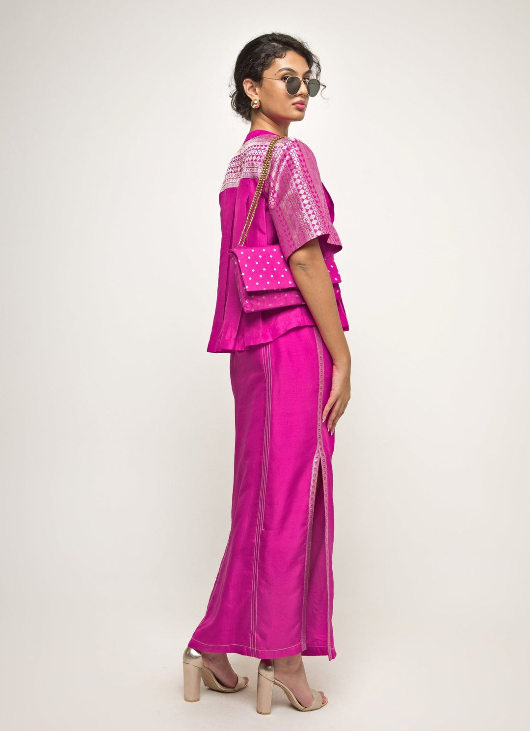 Pink Silk Box Pleat Top With Slit Skirt Sobariko - Fabilicious Fashion