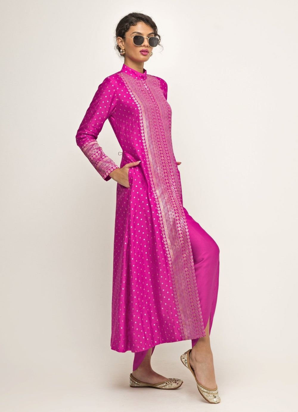 Pink Silk Butti Long Kurta And Dhoti Pant Set Sobariko - Fabilicious Fashion