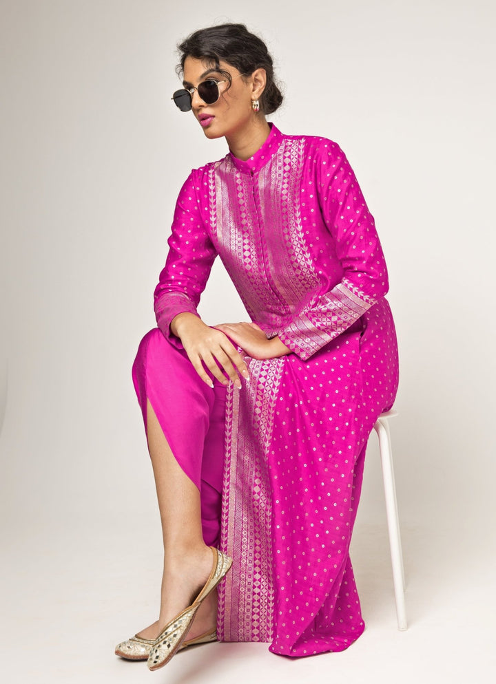 Pink Silk Butti Long Kurta And Dhoti Pant Set Sobariko - Fabilicious Fashion