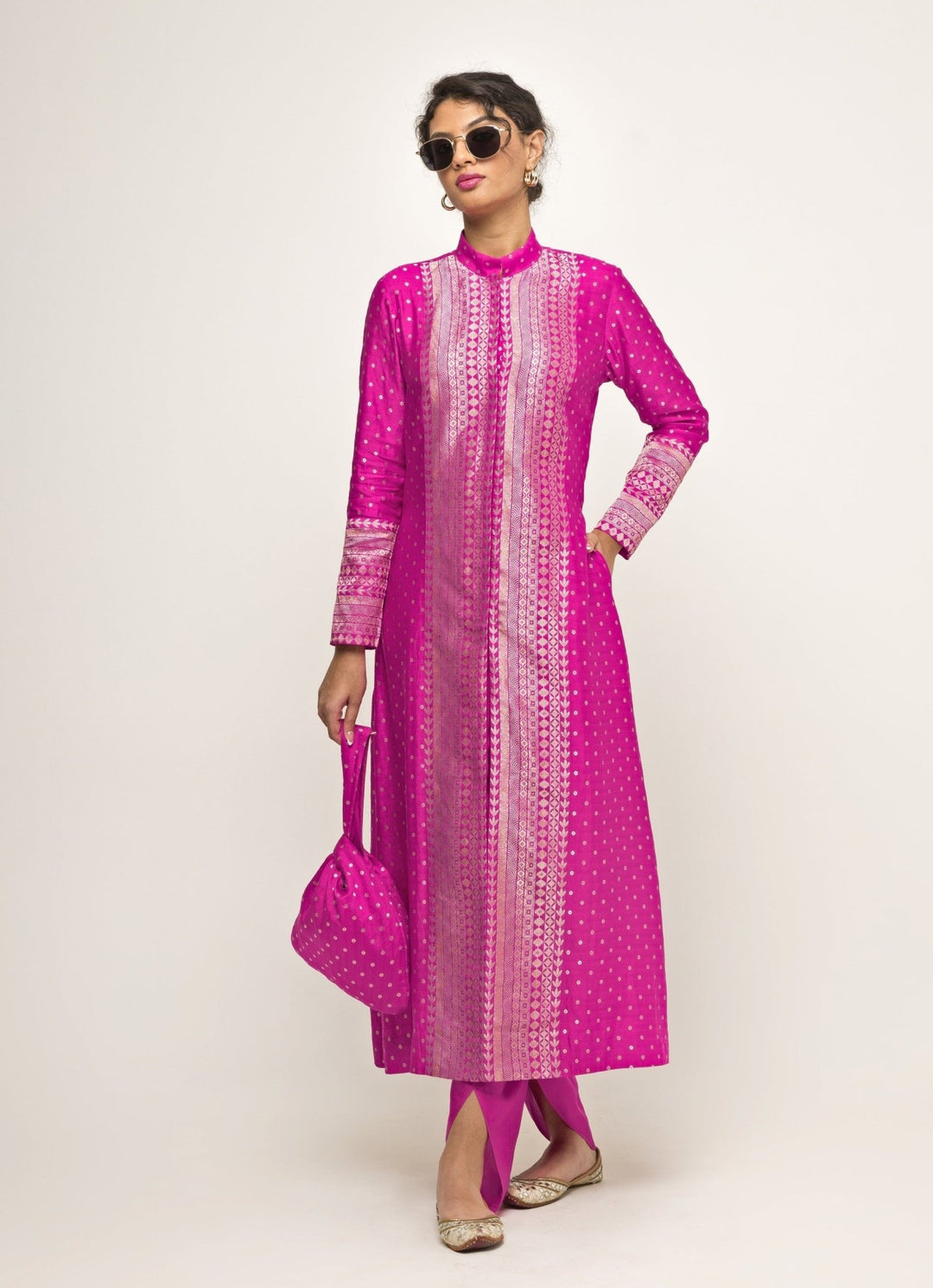 Pink Silk Butti Long Kurta And Dhoti Pant Set Sobariko - Fabilicious Fashion