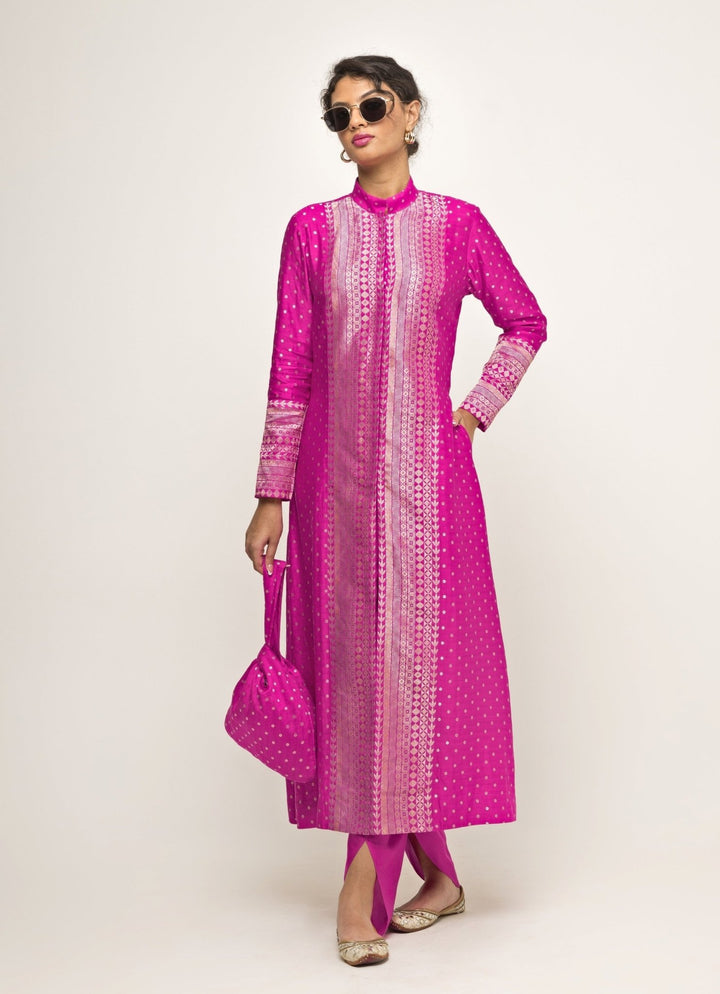 Pink Silk Butti Long Kurta And Dhoti Pant Set Sobariko - Fabilicious Fashion