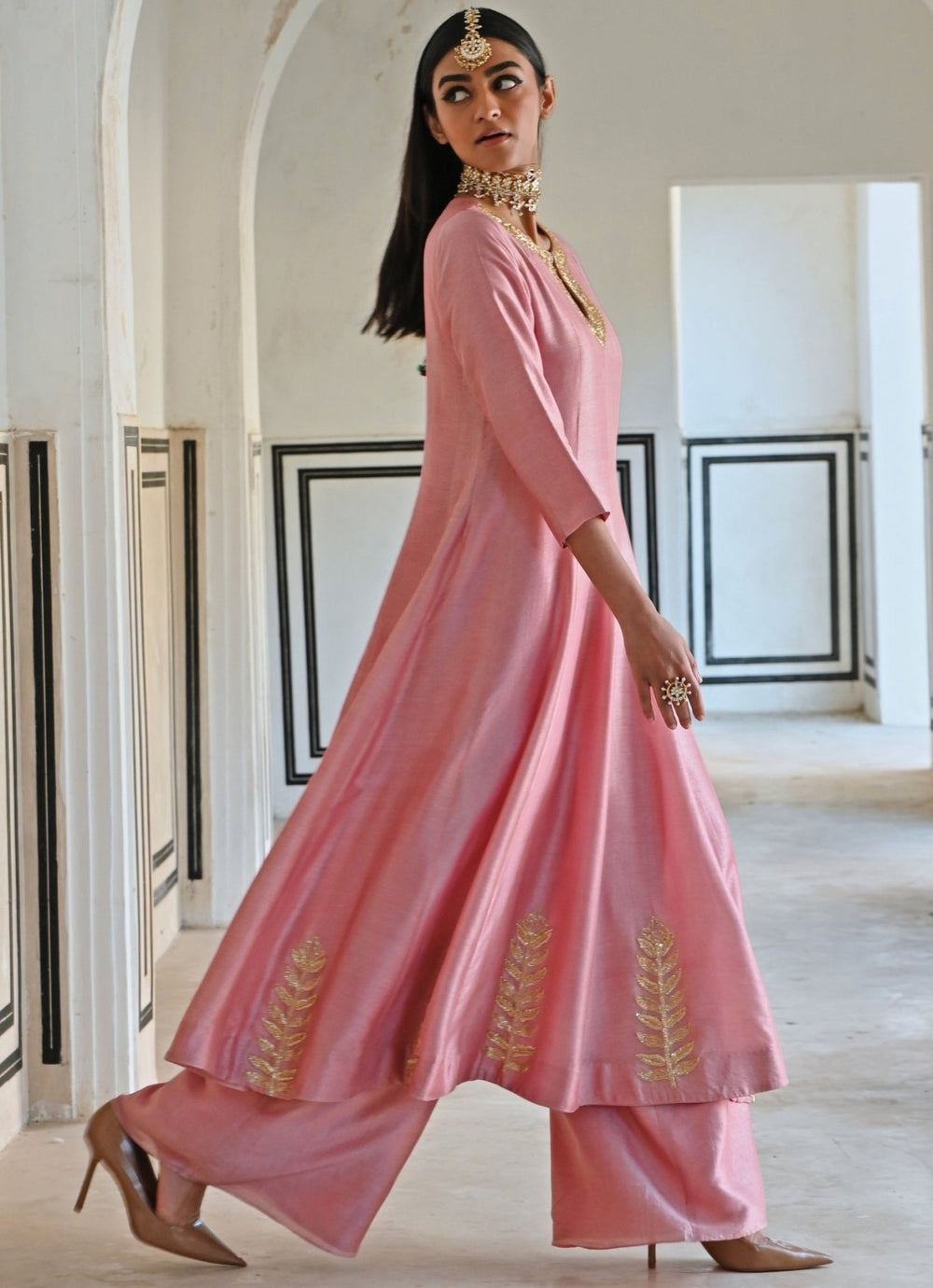 Pink Silk Embroidered Anarkali With Palazzo Ease - Fabilicious Fashion