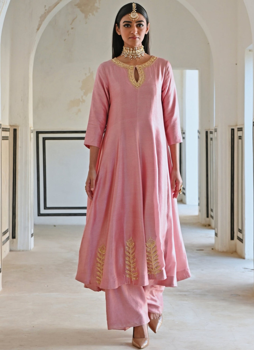 Pink Silk Embroidered Anarkali With Palazzo Ease - Fabilicious Fashion