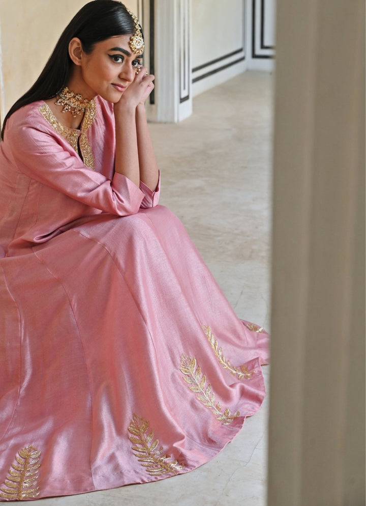 Pink Silk Embroidered Anarkali With Palazzo Ease - Fabilicious Fashion
