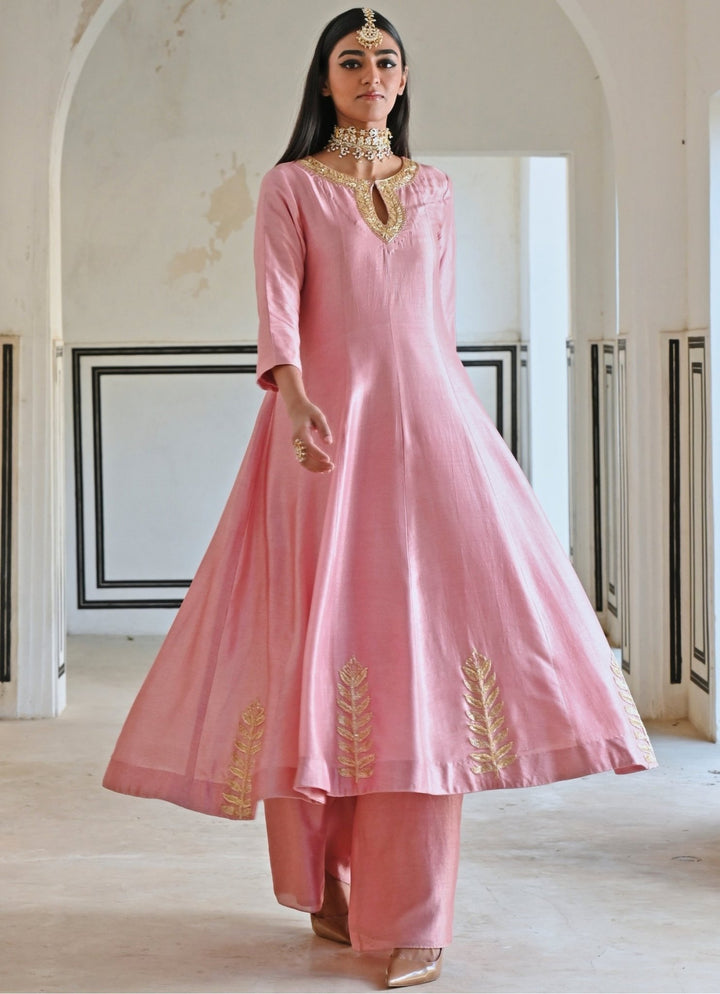 Pink Silk Embroidered Anarkali With Palazzo Ease - Fabilicious Fashion