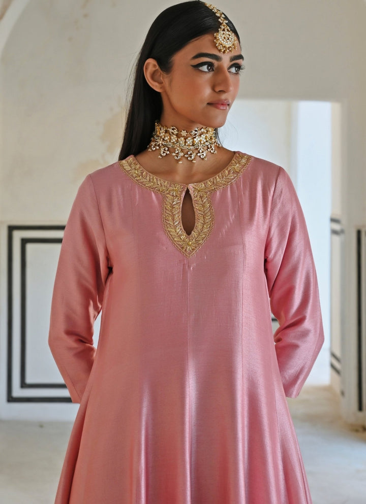 Pink Silk Embroidered Anarkali With Palazzo Ease - Fabilicious Fashion