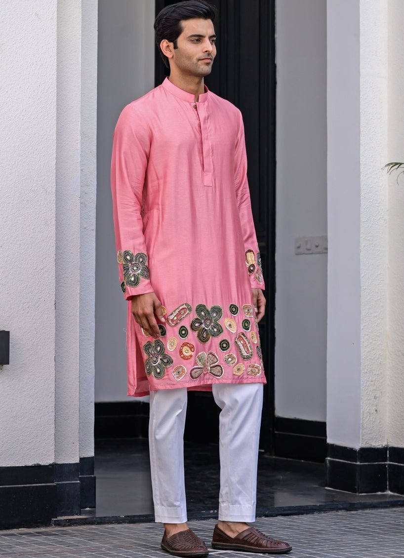 Pink Silk Embroidered Kurta Pant Set Juhi Bengani - Men - Fabilicious Fashion
