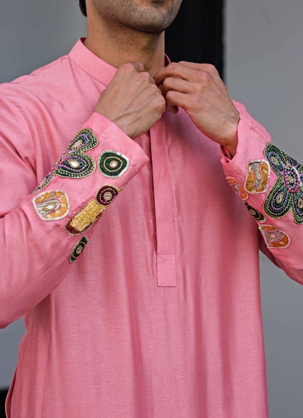 Pink Silk Embroidered Kurta Juhi Bengani - Men - Fabilicious Fashion