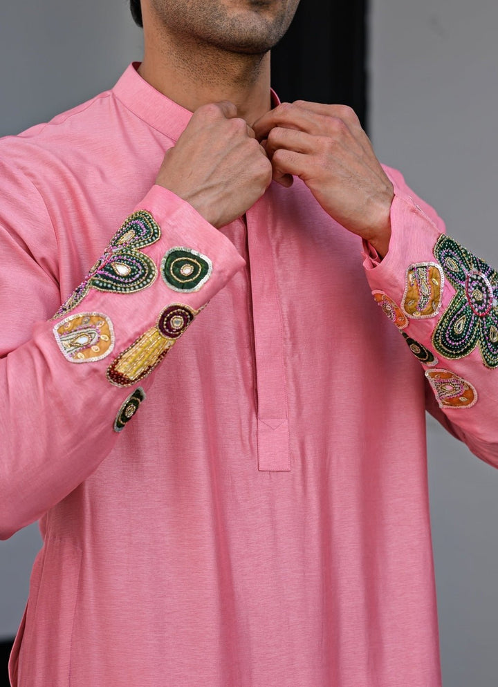 Pink Silk Embroidered Kurta Juhi Bengani - Men - Fabilicious Fashion
