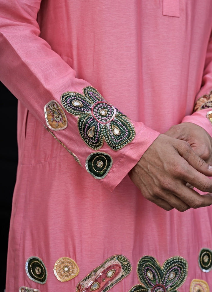 Pink Silk Embroidered Kurta Juhi Bengani - Men - Fabilicious Fashion