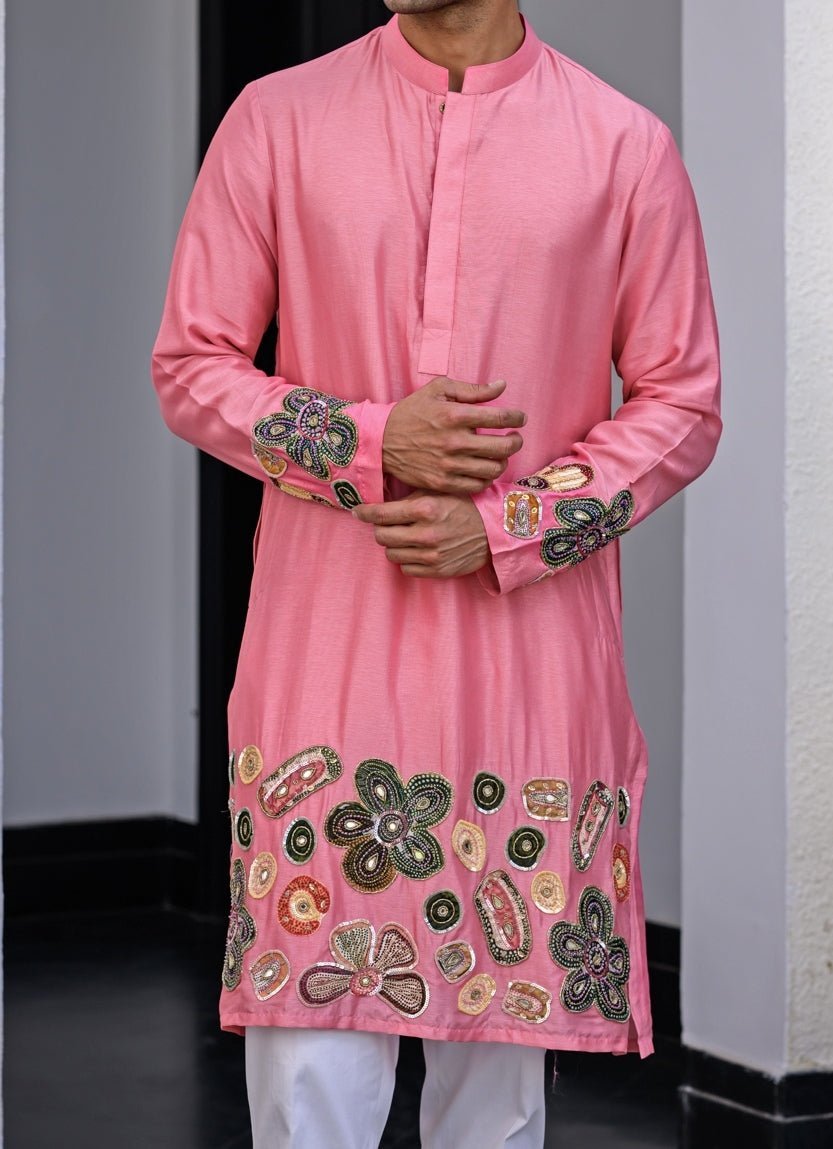 Pink Silk Embroidered Kurta Juhi Bengani - Men - Fabilicious Fashion