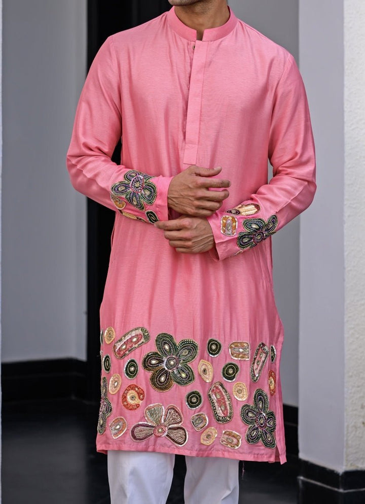 Pink Silk Embroidered Kurta Juhi Bengani - Men - Fabilicious Fashion