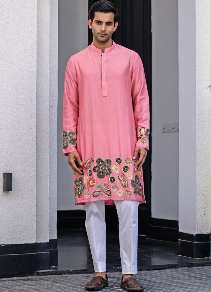 Pink Silk Embroidered Kurta Juhi Bengani - Men - Fabilicious Fashion