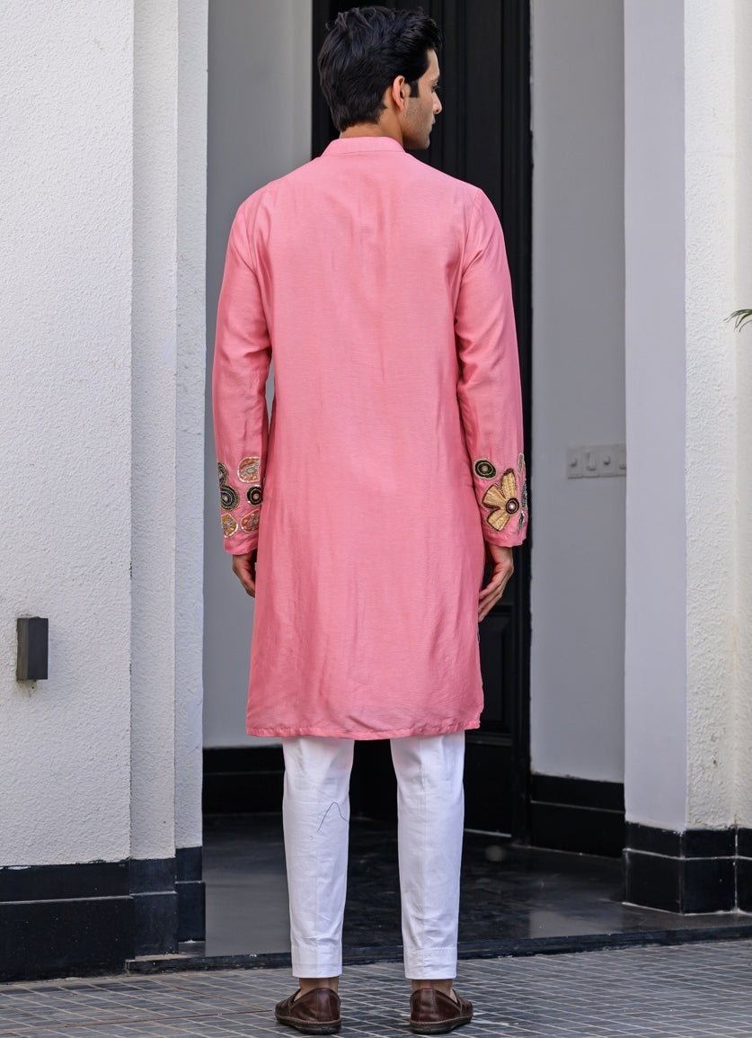 Pink Silk Embroidered Kurta Juhi Bengani - Men - Fabilicious Fashion