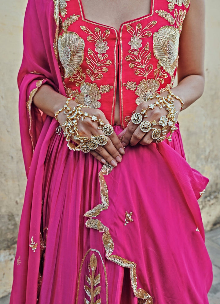 Pink Silk Embroidered Lehenga Set Ease - Fabilicious Fashion