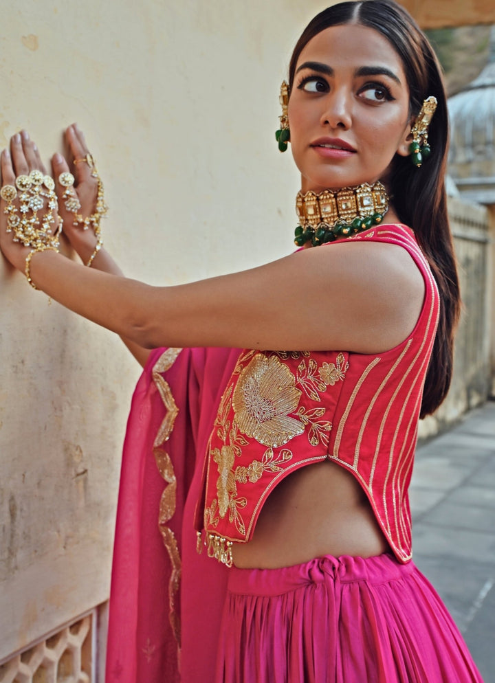 Pink Silk Embroidered Lehenga Set Ease - Fabilicious Fashion